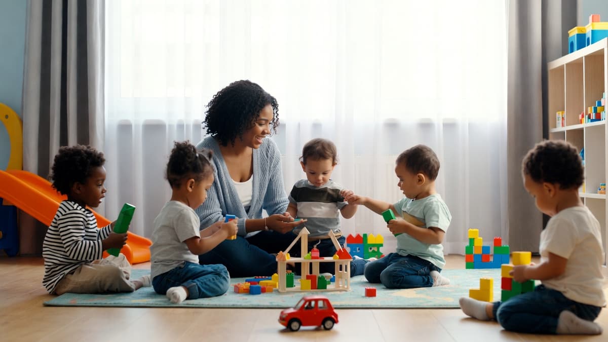 Daycare worker playing with toddlers in a bright playroom