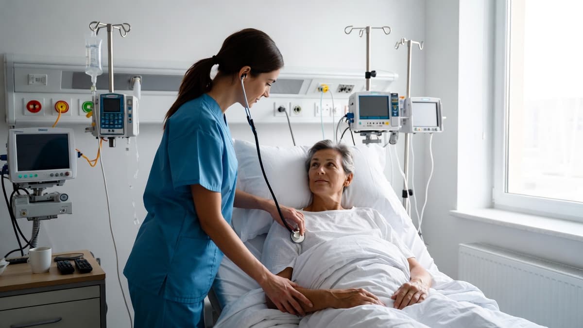 Nurse attending to a patient in a modern hospital room